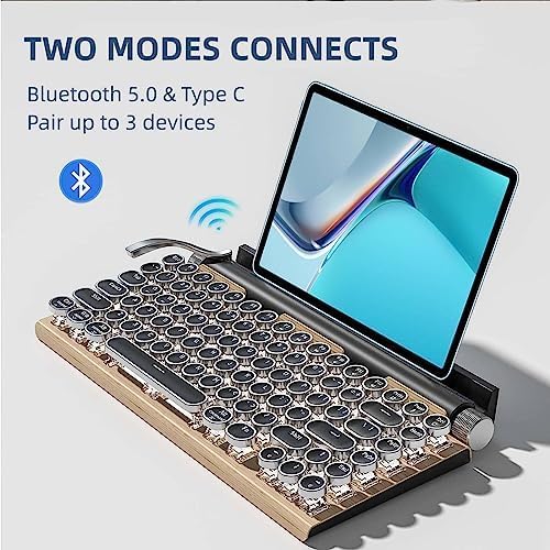 Jiawu Mechanical Gaming Keyboard Typewriter Retro Punk Gaming Keyboard Bluetooth Keyboard with Metal Round Keycap &amp Backlit 83 Keys Blue Switch Electric Typewriter (Wood
