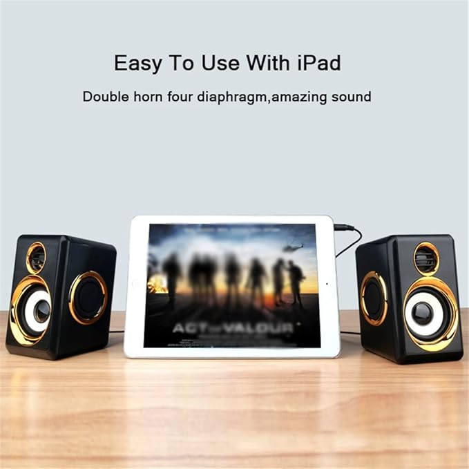 1 Pair USB+AUX Wired Computer Speakers Bass Reinforcement 4 Diaphragm for Laptop Desktop 8W High Power Loudspeaker (Color : Gold) (Gold)