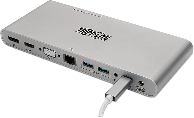 New! Tripp Lite USB C Docking Station w/ USB-A Hub USB Type C HDMI VGA DP Gbe Gigabit Ethernet PD Charging 4K@ 30Hz Portable Thunderbolt 3 Silver (U442-DOCK4-S)