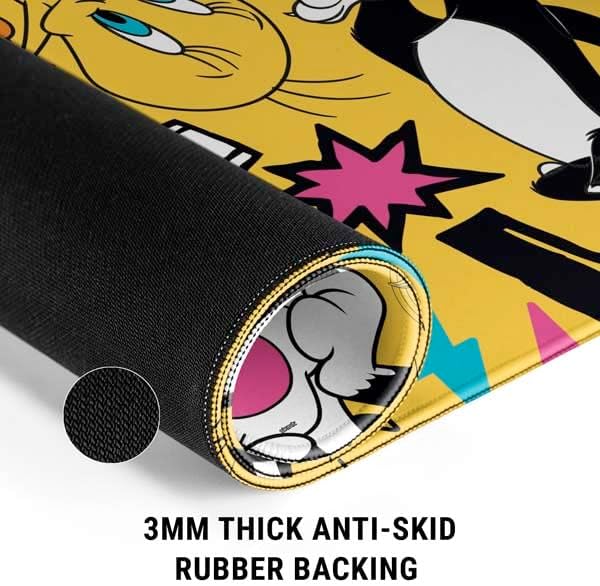 Skinit Extra Large Gaming Mouse Pad - Officially Licensed Looney Tunes Tweety and Sylvester Patches Design with Stitched Edges Waterproof Non-Slip Rubber Base Desk Mat for Keyboard &amp Mouse