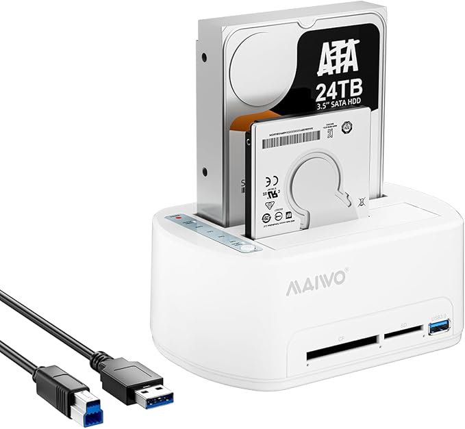 MAIWO SATA to USB 3.0 Dual-Bay Hard Drive Docking Station with Offline Clone for 2.5 &amp 3.5-inch HDD/SSD Hard Drive Dock with CF/SD Card Reader Support 2*24TB White