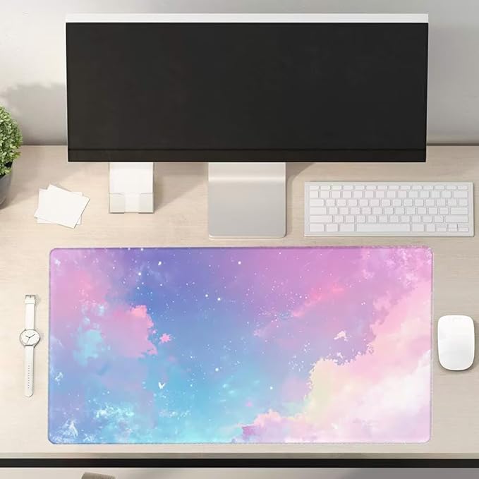 Large Mouse Pad Starry Sky Desk Mat Pink Office Gaming Mouse Pad with Stitched Edges 32x12in Extended Mousepad with Non-Slip Waterproof Rubber Base for PC Laptop Desk Home Office Accessories a-6726