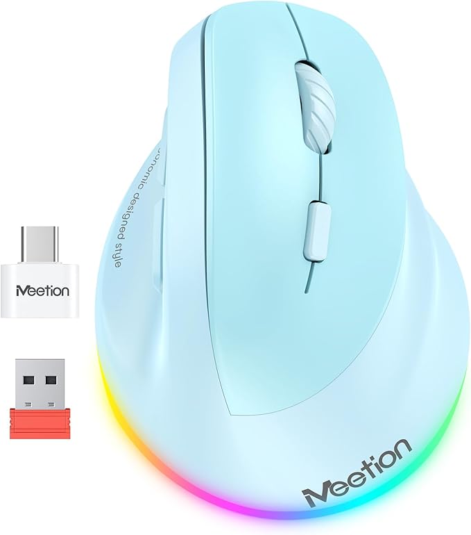 MEETION Ergonomic Mouse Wireless Vertical Mouse RGB Backlit Rechargeable Mice for Bluetooth(5.2 + 3.0) &amp USB-A with Type-c Adapter 4 Adjustable DPI Mac/Windows/Andriod/PC/Tablet/iPad Blue