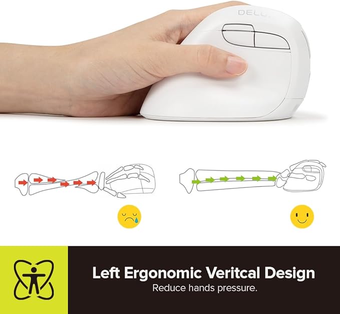 DELUX Left Handed Ergonomic Mouse Mini Wireless Vertical Mouse Silent Click Ergonomic Mouse Up to 4000 DPI 6 Buttons Rechargeable Bluetooth/2.4G/ Wired Tri-Mode for Laptop/PC (M618ZD-White)