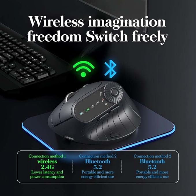 2025 Upgraded Ergonomic Triple-Connect Wireless Mouse Vertical Ergonomic Mouse with 4 Adjustable DPI Bluetooth 5.0&ampUSB Receiver for Laptop/PC/Mac Pain Relief for Office/Gaming/Design (Black)
