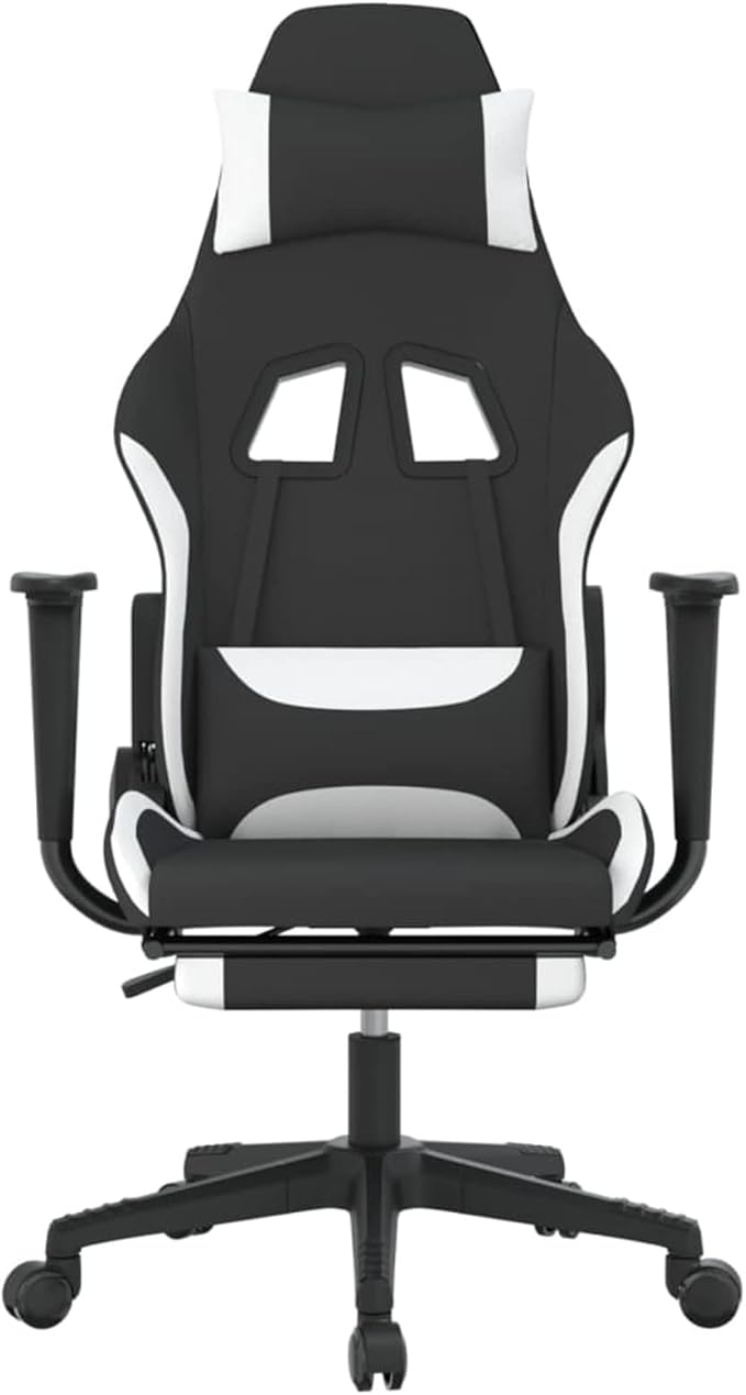 Gaming Chair with Footrest Adjustable Backrest and Height 360 Degree Swivel Design Rolling Castors Black and White Fabric Metal and Plywood Frame for Home Office or Dorm Room