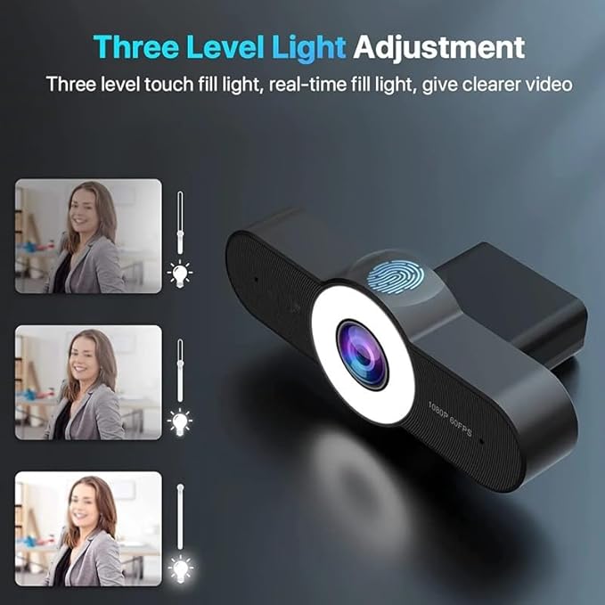 Webcam Streaming Autofocus Web Camera with Three Level Light PC Cam for Computer/Desktop/Laptop