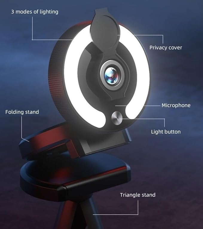 4K Webcam with Adjustable Ring Light HD Autofocus with Microphone HD Web Camera with Privacy Cover and Tripod Stand Plug and Play USB for Laptop Desktop Video Calling