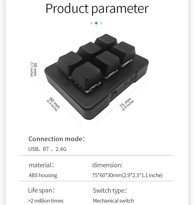 Docooler 6-Key Mechanical Keyboard Programmable Tri-Mode 2.4G/BT/Wired One Handed Macro Pad Plug and Play Simple Operation Fort Laptop PC Gaming Office Work