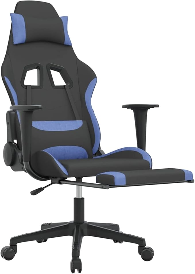 Gaming Chair with Footrest Adjustable Backrest and Height 360 Degree Swivel Rolling Castors Black and Blue Fabric for Home Office and Gaming