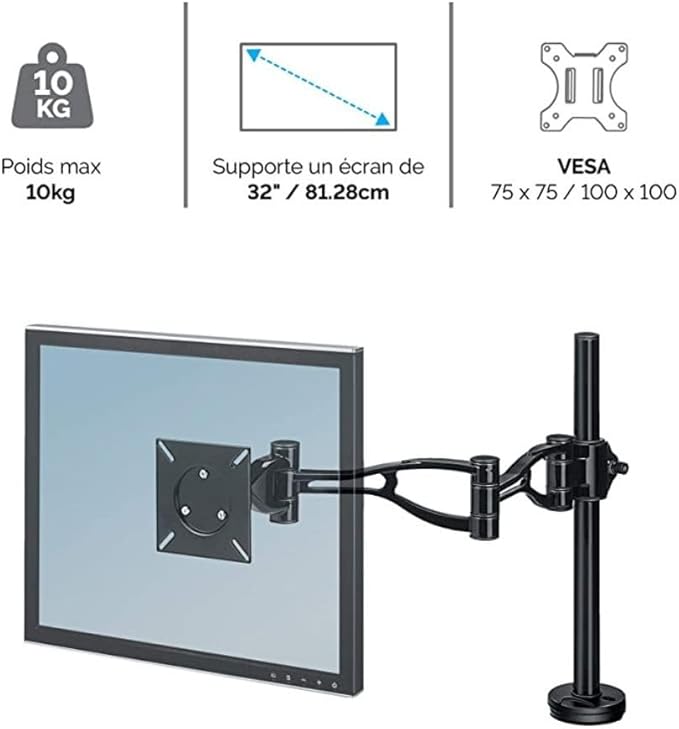 Fellowes 8041601 Professional Series Adjustable Depth Computer Monitor Stand for Desk with Single Monitor Arm 30 Inch Monitor Capacity