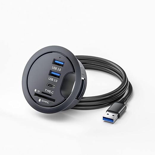 ChenYang USB 3.0 Flush Mount Desktop HUB2 USB 3.0 Port/1 USB C Port HUB Grommet Hole 2.36(60mm) with SD/TF Card Reader Port