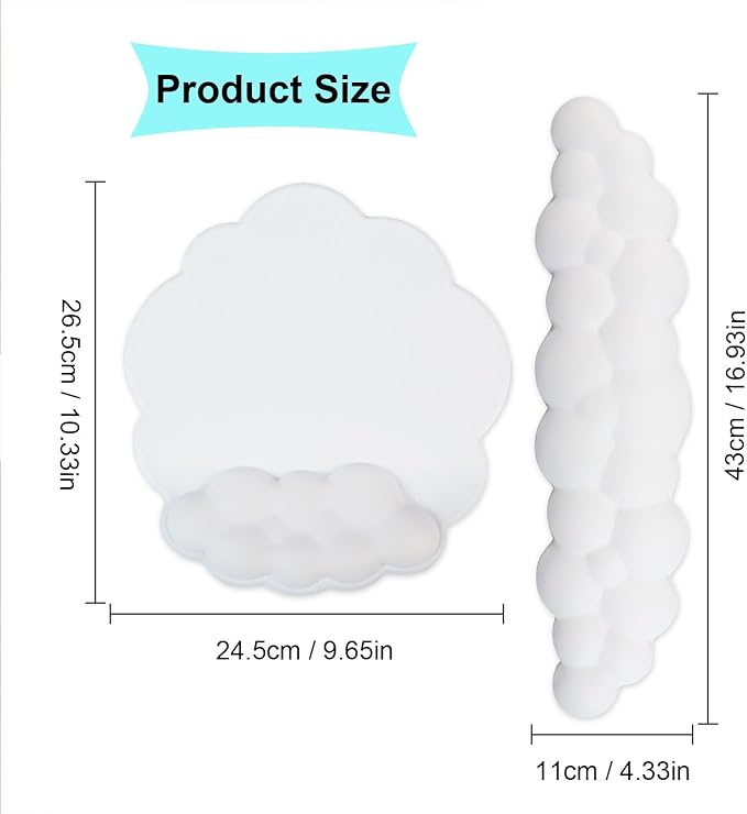 Cloud Keyboard Wrist Rest and Mouse Wrist Rest Kawaii Memory Foam Wrist Support Mouse Pad for Typing Pain Relief Cloud Palm Rest with Mousepad Non-Slip Base for Home Office Computer Laptop (White)