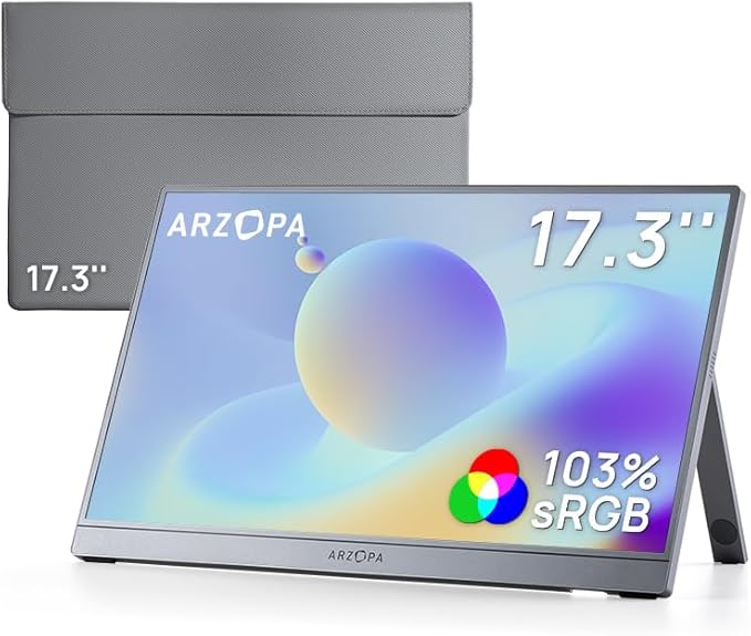 ARZOPA Portable Monitor &amp Sleeve 17.3 103% sRGB FHD Laptop Monitor &amp PU Sleeve Bag Combination