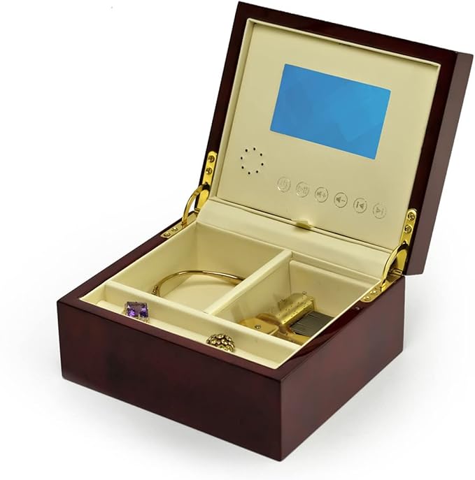 MusicBoxAttic Modern Hi Gloss 30 Note Burl Wood 3.6 LCD Video Jewelry Box - Four Seasons Spring