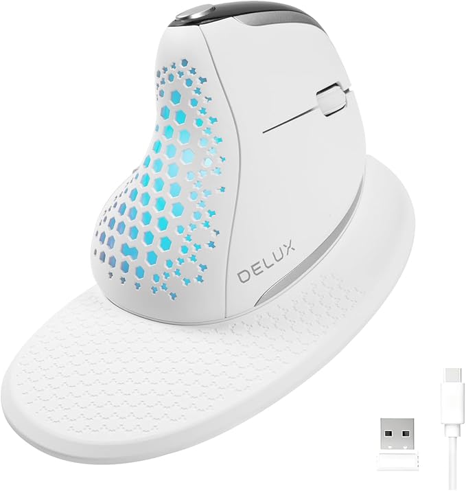 DELUX Seeker Ergonomic Mouse Wireless Vertical Mouse with OLED Screen 6 Buttons&ampThumb Wheel Function Silent Click Up to 7200DPI Programmable Rechargeable BT/2.4G/Wired RGB Light(M618XSD-Wh