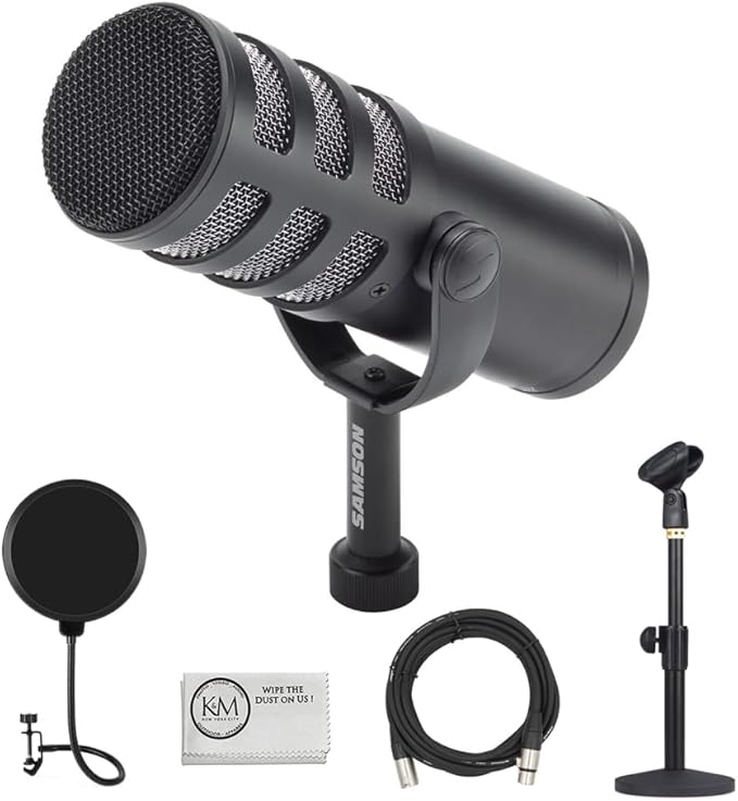 SAMSON Q9x Dynamic Broadcast Microphone Bundled with Mic Table Stand + Wind Screen Pop Filter + XLR Cable + Cleaning Cloth (5 Items)