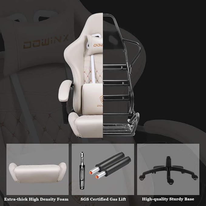 Dowinx Gaming Chair Big and Tall Ergonomic Game Chair for Adults with Footrest and Massage Lumbar Support High Back Computer Gamer Chair PU Leather 350Lbs for Office Home Ivory