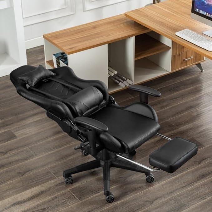 Ergonomic Gaming Chair with Footrest Adjustable Reclining Gamer Chair with Lumbar and Head Pillow Support Swivel Office Gaming Chair with Pleather Upholstery High-Back Chair (Black)