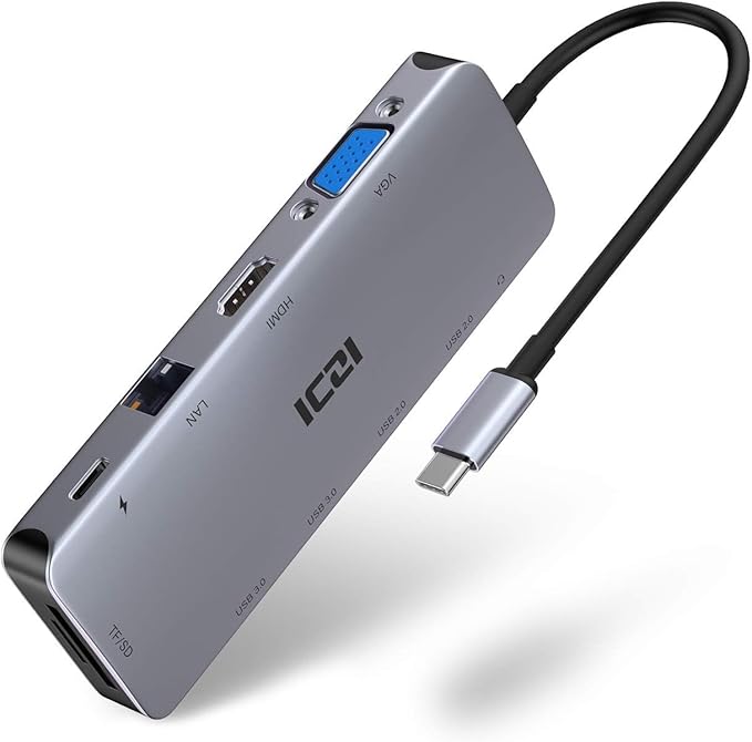 ICZI USB C Hub 11 in 1 Docking Station Multiport Adapter with 1*HDMI/VGA/Ethernet SD/TF Card Reader 4*USB Port 100W PD and 3.5mm Audio Jack Compatible with MacBook Dell/HP/Lenovo Laptop Surface