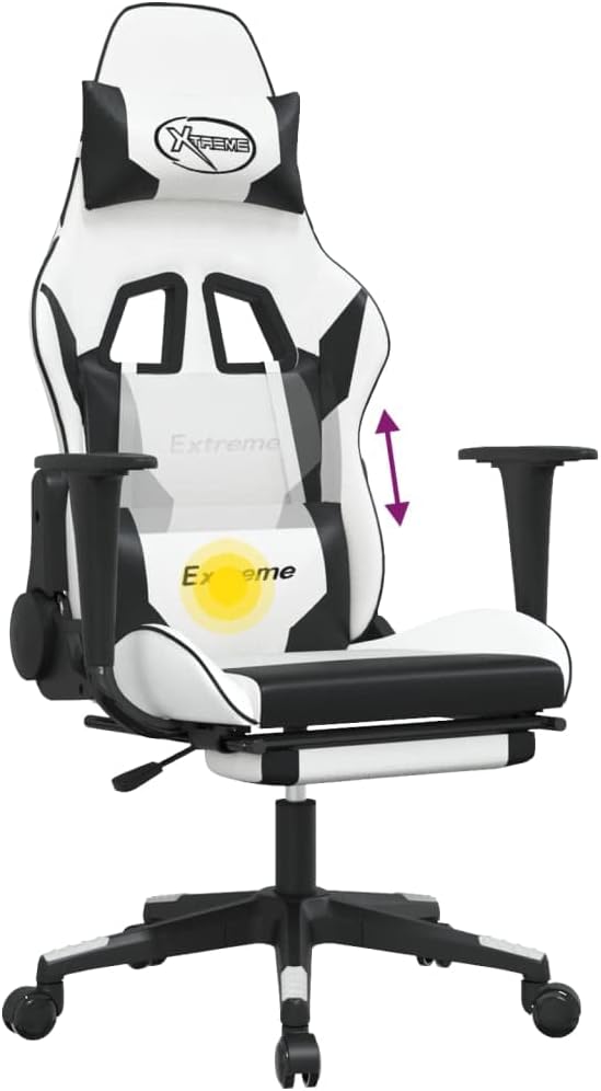 YAFF Ergonomic Gaming Chair Faux Leather Computer Chair with Adjustable Height Backrest Footrest Massage Lumbar Support &amp 360-Degree Swivel Modern Gaming Chair for Home Office White and Black