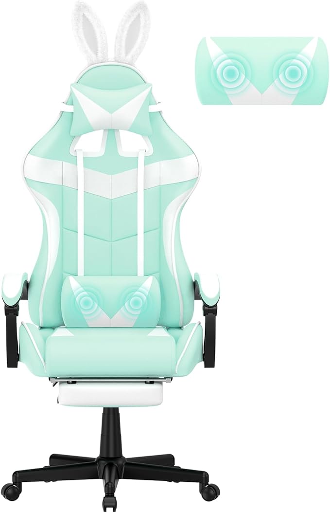 Huracan Gaming Computer Chair with Footrest Adjustable Video Game Chairs for Adults Heavy Duty Office Chair with Headrest and Lumbar Support Light Green