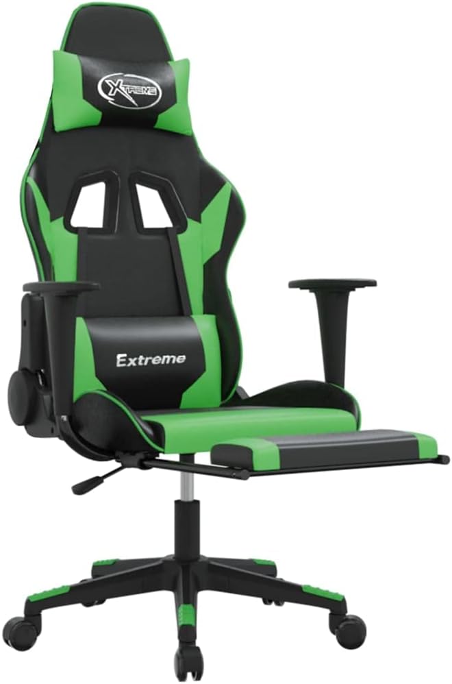SKM Gaming Chair with Footrest Black and Green Faux Leather (16.6 KG/36.52 LBS)