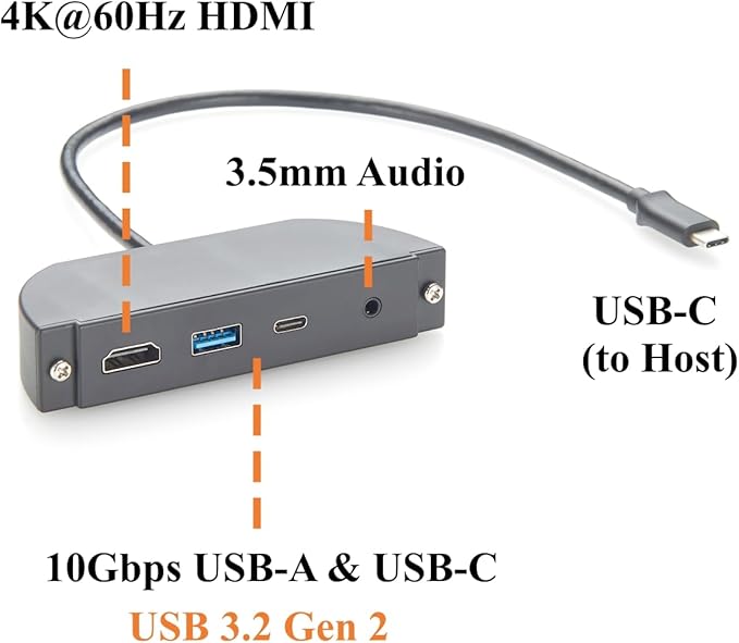 Screw Panel Mount USB C Hub 4-in-1 Multiport Adapter with 4K@60Hz HDMI 10Gbps USB-A &amp USB-C Data Ports 3.5mm Audio Headphone &amp Microphone Jack for Embedded System PC Control Cabinets (0.