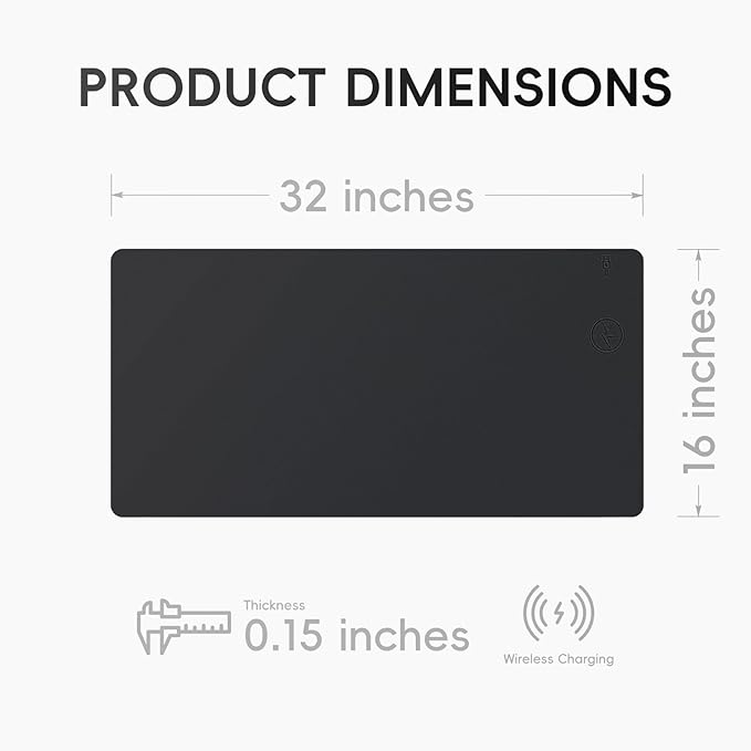 Mouse Pad with Wireless Charging PU Leather Fast Charging Gaming Mouse Pad Waterproof Anti-Slip Surface Easy Clean Office Table Mat 32L x 16W x 0.15H inches Black(Right Side Charging Port)