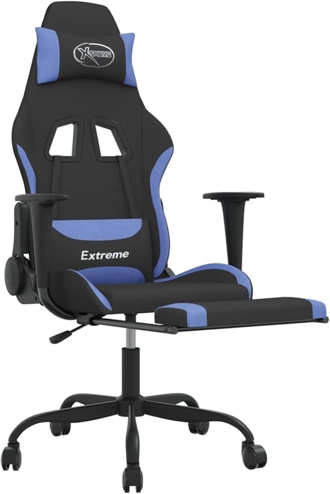 Gaming Chair with Footrest Black and Blue Fabric