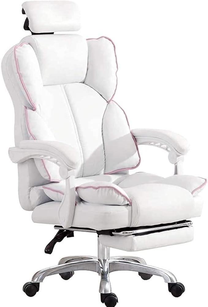 Katzowen Office Computer Chair Pink Gaming Chair for Girls Ergonomic Office Chair with Headrest Pu Leather Executive Chair Adjustable Reclining with Footrest Pink (Color : White)