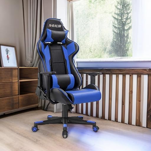 Homall Gaming Chair Office Chair High Back Computer Chair Leather Desk Chair Racing Executive Ergonomic Adjustable Swivel Task Chair with Headrest and Lumbar Support(Blue)