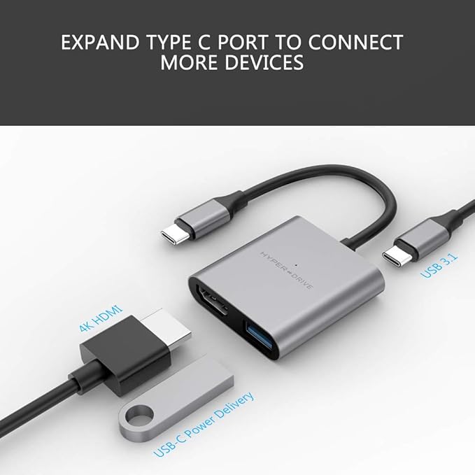 HyperDrive USB Type C HDMI Adapter 3-in-1 USB C to HDMI Converter Aluminum Digital Multiport Type-C Hub w 4K and Power Delivery USB 3.1 for MacBook Ultrabook Chromebook PC USBC Devices