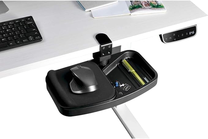 TRIPP LITE Under Desk Storage Tray Clamp-on Storage Tray w Mouse Pad Wrist Rest - Office Desk Organizer 360 Swivel 5-Year Warranty (DMUDSC)