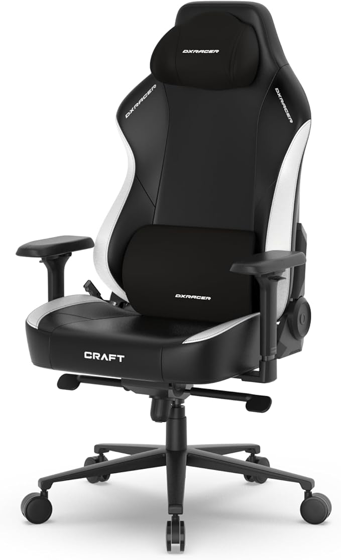 DXRacer Craft XL Video Gaming Chair for Adults Ergonomic Office Reclining Computer Chair with Magnetic Head Pillow and Lumbar Support Racing Style Height Adjustable (EPU Leatherette Black White)