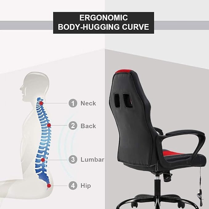 Racing Gaming Chair Ergonomic Video Game Chair with Massage Lumbar Support Headrest Armrest High-Back Adjustable PU Leather Rolling Swivel Computer Desk Chair for Home Office (Red)