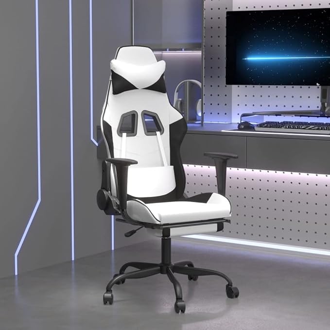 Massage Gaming Chair with FootrestFaux Leather Computer Game ChairMassage Office ChairErgonomic Desk Chair PC Gaming Chair for Adults Teens(White&ampBlack)