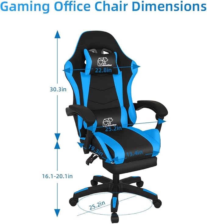BorealBear Gaming Chair Office Chair Reclining High-Back PU Leather Computer Desk Chair with Headrest and Lumbar Support Suitable for Gaming Chairs Office Storage Office Shelving and More（Blue）
