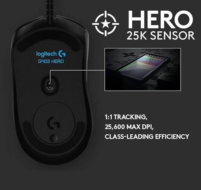 Logitech G403 Hero 25K Gaming Mouse Lightsync RGB Lightweight 87G+10G Optional Braided Cable 25 600 DPI Rubber Side Grips Black