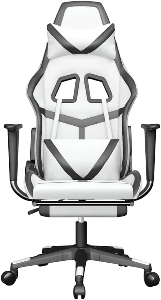 Massage Gaming Chair with Retractable Footrest White &amp Black Faux Leather Ergonomic Reclining Computer Desk Chair for Adults