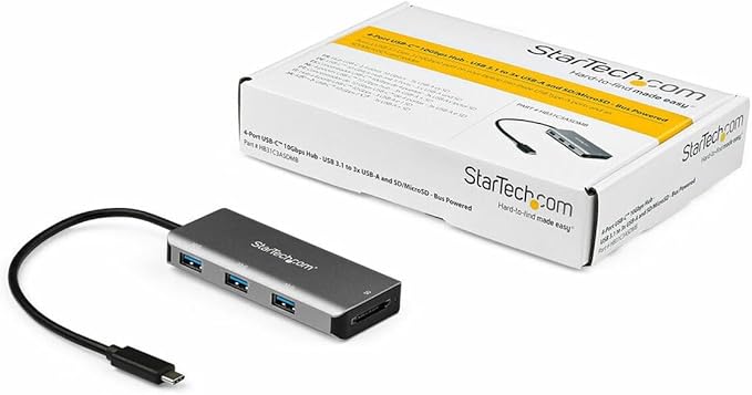 StarTech.com 3 Port 10Gbps USB C Hub with SD Card Reader - 3x USB-A &amp 1x SD Slot - Portable USB 3.1 Type C Adapter Hub - Laptop Hub - USB Bus Powered - Thunderbolt 3 Compatible  TAA (HB31C3ASDMB)