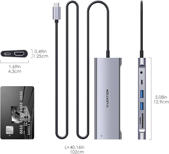 LENTION 8-in-1 USB C Hub Docking Station with 3.3FT Long Cable 4K HDMI USB A&ampC SD/TF Card Reader Aux 100W PD Charging for MacBook Pro/Air Dell HP Chromebook Steam Deck (C37-1M Space Gr