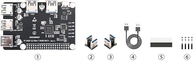 USB 3.2 Gen1 HUB HAT+ for Raspberry Pi 4-Port USB 3.0 Expansion Board with Type-C Power Supply Onboard EEPROM Plug &amp Play USB Hub Adapter Compatible with USB 2.0/1.1 Devices