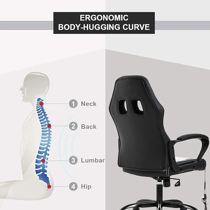 White Gaming Chair Ergonomic Video Game Chair with Massage Lumbar Support Headrest Armrest High-Back Adjustable PU Leather Rolling Swivel Computer Desk Chair for Home Office (White)