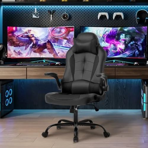 Gaming Desk Chair PC Gaming Chair Gamer Chair Comftorable Ergonomic PU Leather Computer Office Chair with Lumbar Support Flip Up Arms High Back Executive Gaming Stuff for Girl Kids Adults (Black)