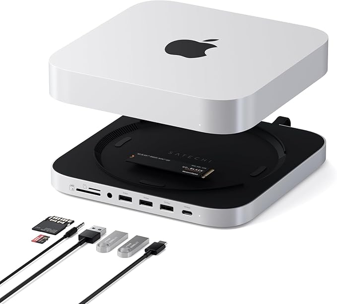 Satechi Mac mini Hub &amp Stand with SSD Enclosure for NVME/SATA M.2 Mac mini Dock with USB C 10Gbps 3 USB A 5/10Gbps 2.0 Audio Jack for Mac Studio Mac mini M2/M1 (Not Compatible with M4) - Silv