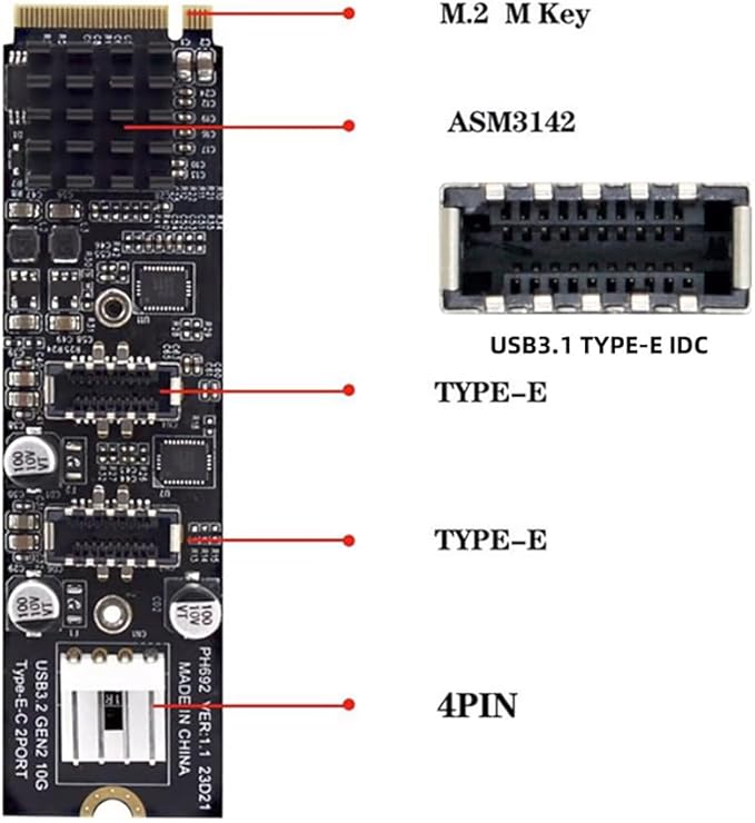 Xiwai 5Gbps USB 3.1 Type-E to USB 3.0 19/20Pin Dual Ports Splitter HUB 10Gbps USB 3.1 Type-E Front Panel Socket to NVME NGFF M-Key Express Card Adapter for Motherboard (NVME to USB3.1 Type-E+Type-E)