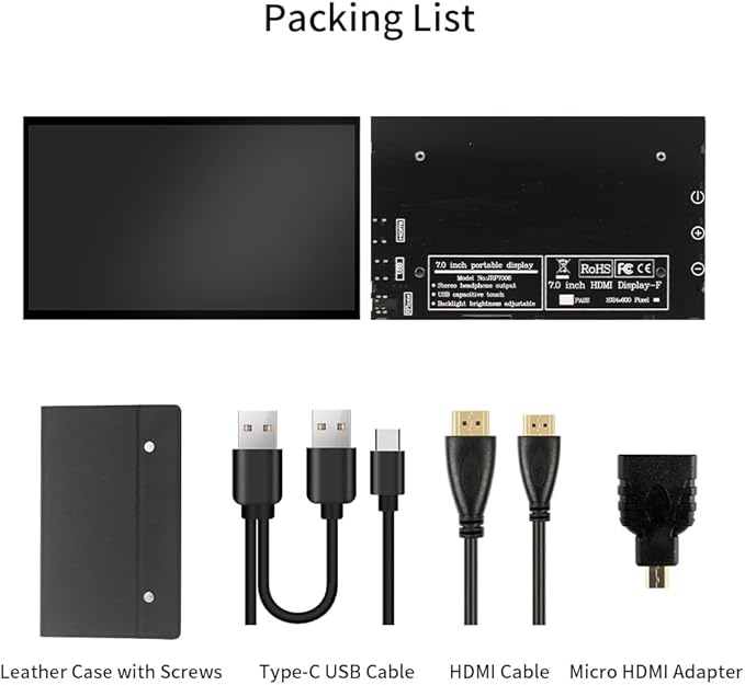CUQI 7 Inch Mini Monitor IPS 1024 × 600 HDMI Portable Monitor with Leather Stand for Raspberry Pi 5/4 Laptop PC Switch Xbox PS4