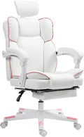 Big and Tall Ergonomic Gaming Office Desk Chair with Footrest &amp Headrest PU Leather Video Game Chairs with Armrests Height Adjustable 360° Swivel Computer Chair for Home Office (White)