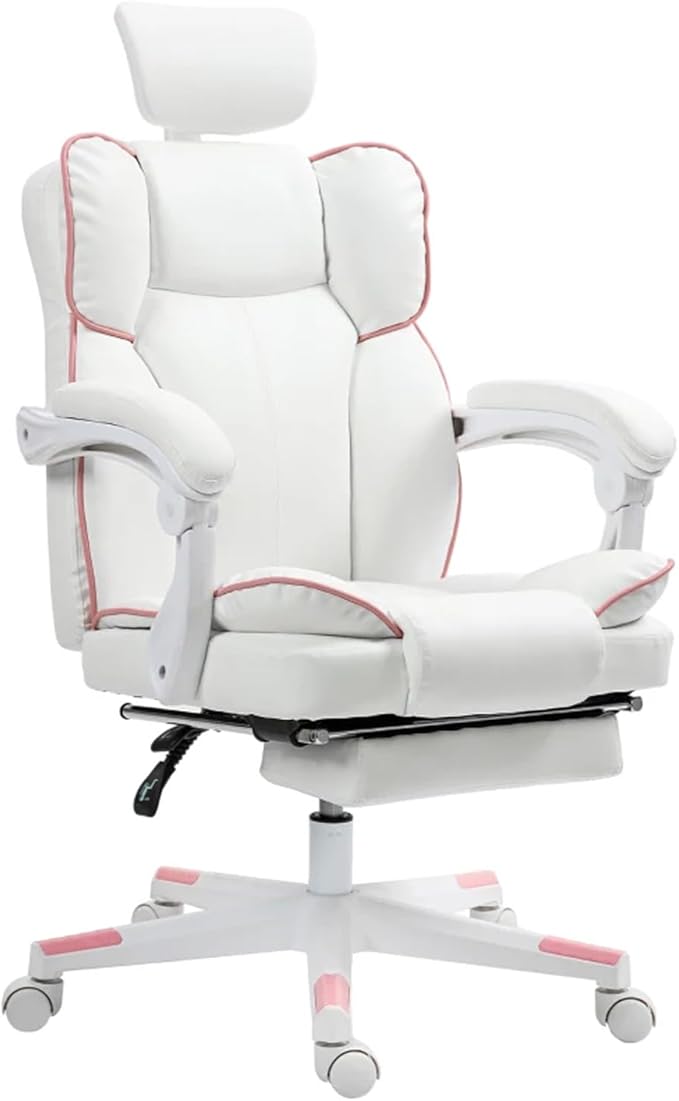 Big and Tall Ergonomic Gaming Office Desk Chair with Footrest &amp Headrest PU Leather Video Game Chairs with Armrests Height Adjustable 360° Swivel Computer Chair for Home Office (White)